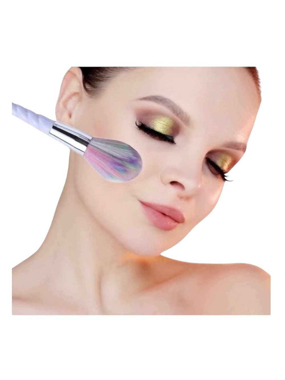 new Unicorn Horn ༄ 10 Piece Kabuki Makeup Brush Set ༄ Pearl ༄ Pink Hologram Case